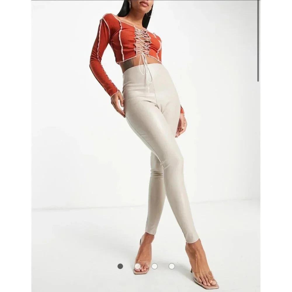 Missy Empire high waist leather look legging in ecru Stone Women’s Size US 8 New